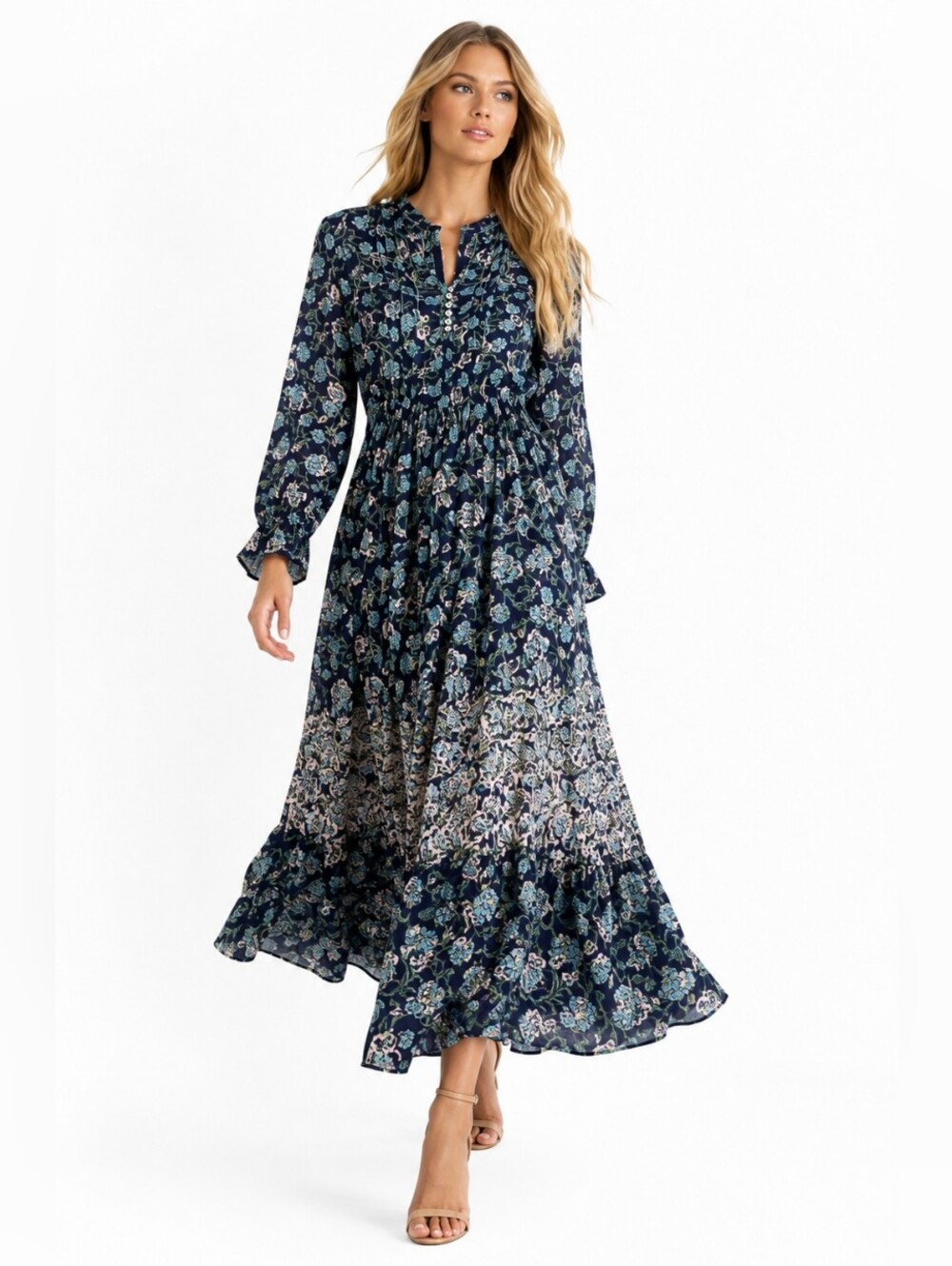 Free People XS Navy Blue Floral Boho Maxi Dress Long Sleeve Button Front Cottage